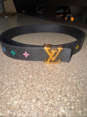 Louis Vuitton Black Rainbow Monogram Logo Belt with Gold Buckle